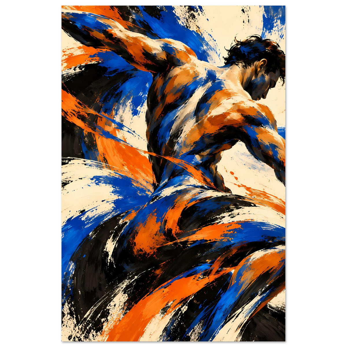 Kunstposter im Hochformat: abstrakte Figur mit Blau-Orange-Schwingungen