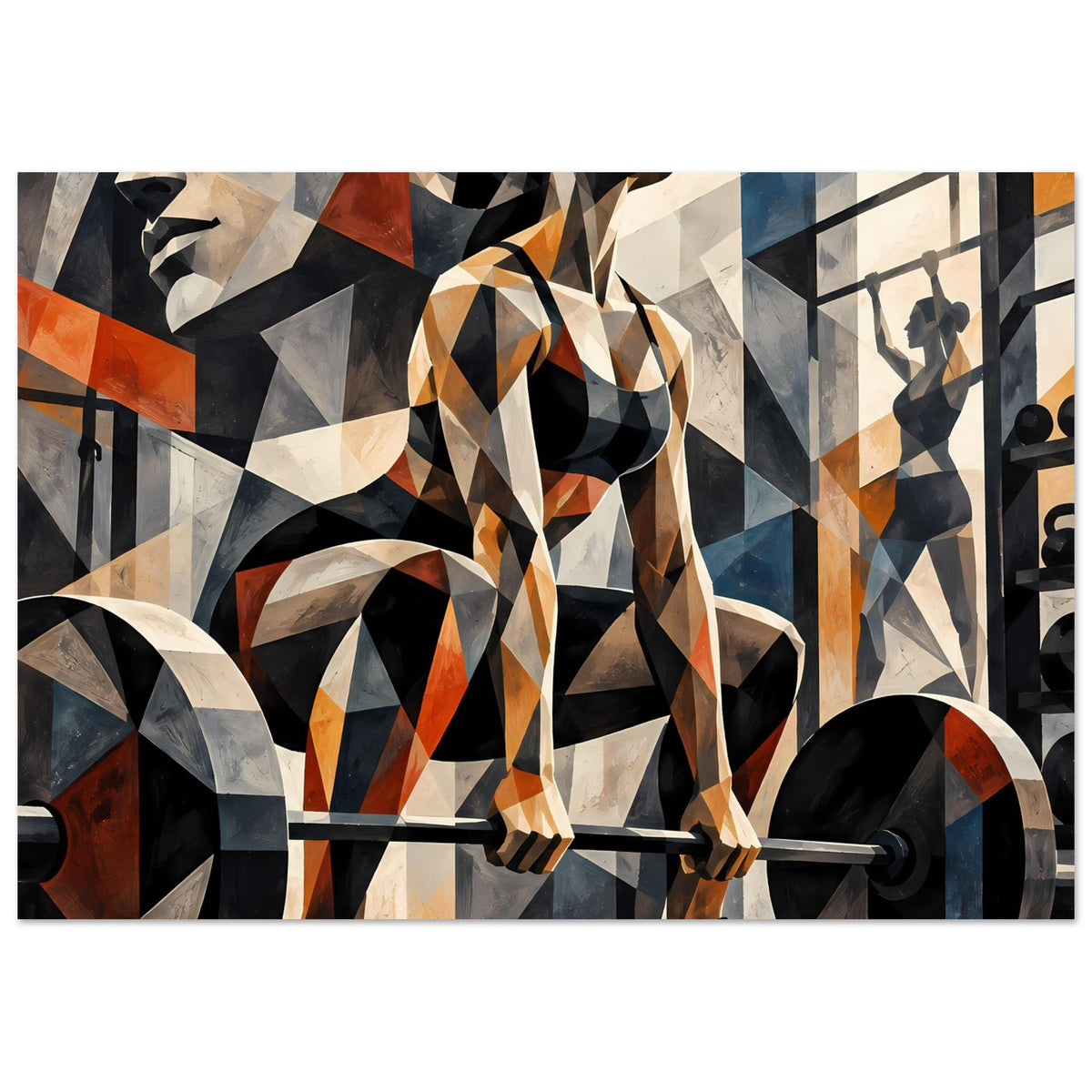 Abstraktes Fitness-Poster: Langhantel im Fokus, geometrische Muster mit orangefarbenen und blauen Akzenten.