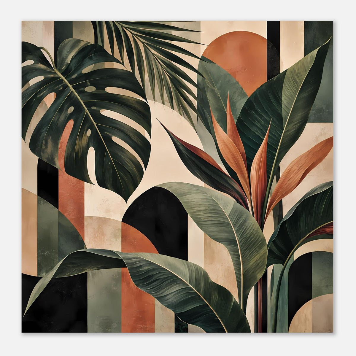 Botanisches Poster mit tropischen Blättern in Grün-, Braun- und Orangetönen, schwarzer Rahmen