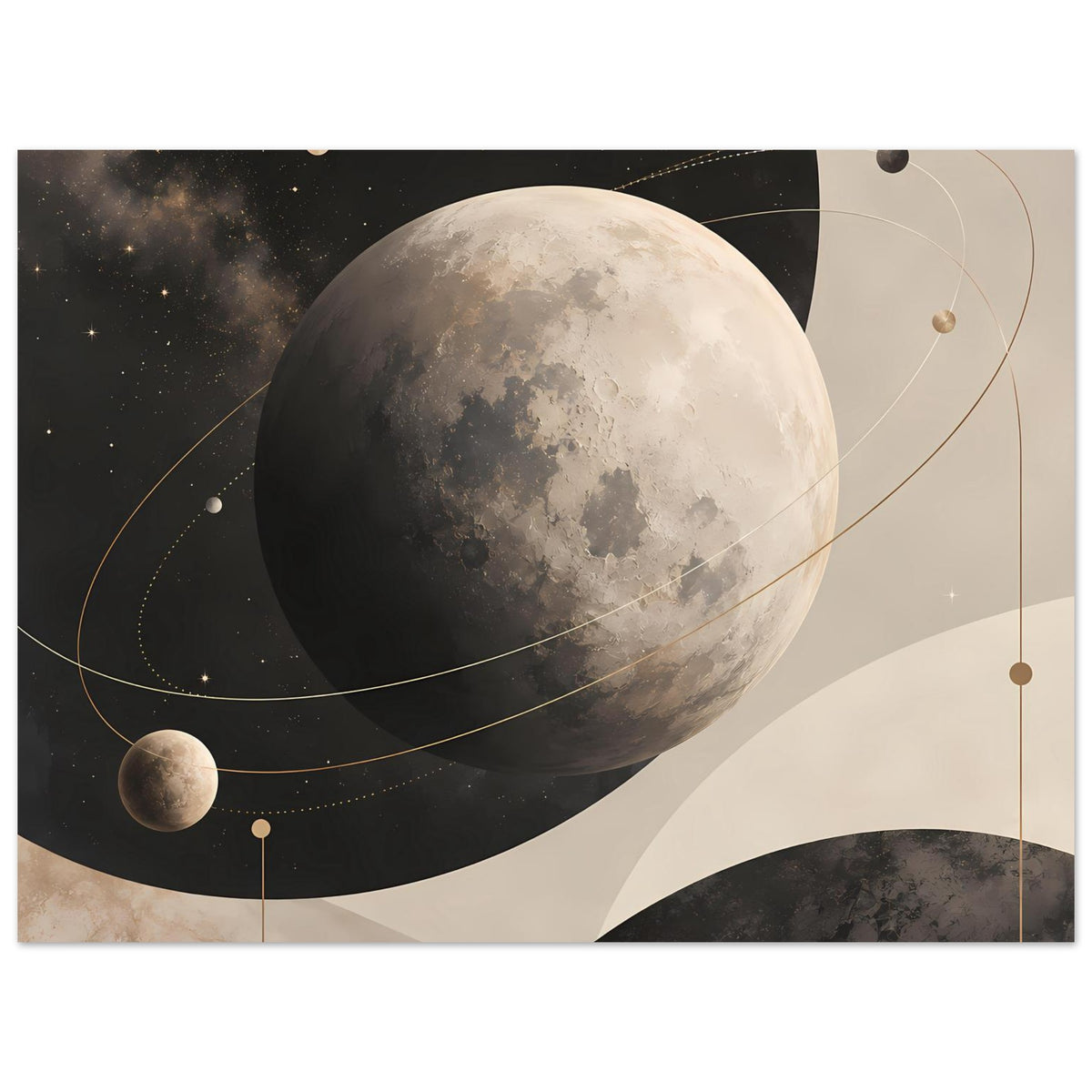 Poster im Querformat mit großem Mond, Sternen, goldenen Bahnen und kleinen Planeten