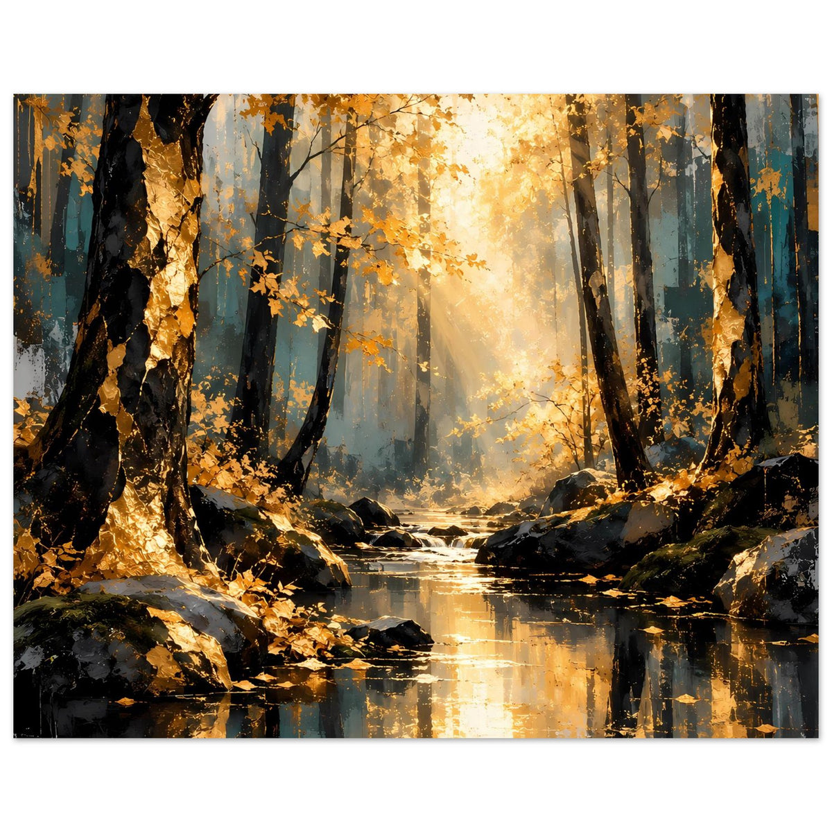 Herbstwald-Poster, horizontal: Fluss zwischen dunklen Felsen, goldenes Licht durch die Bäume