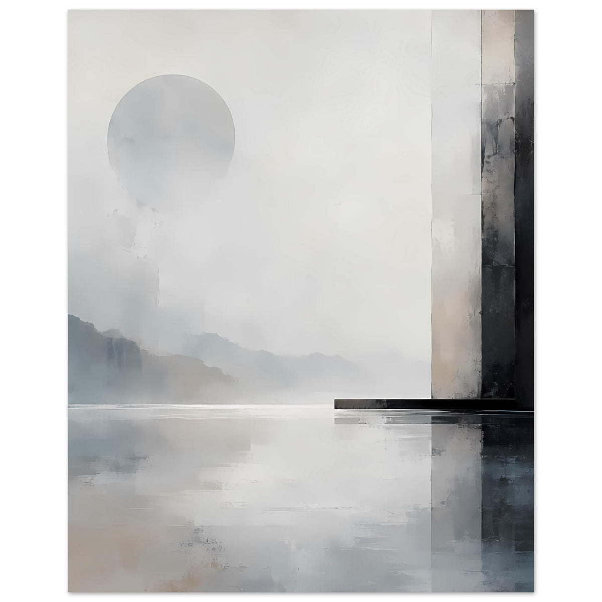 Kunstdruck mit abstrakter Landschaft: großer Kreis links, neblige Berge, dunkle Säule rechts