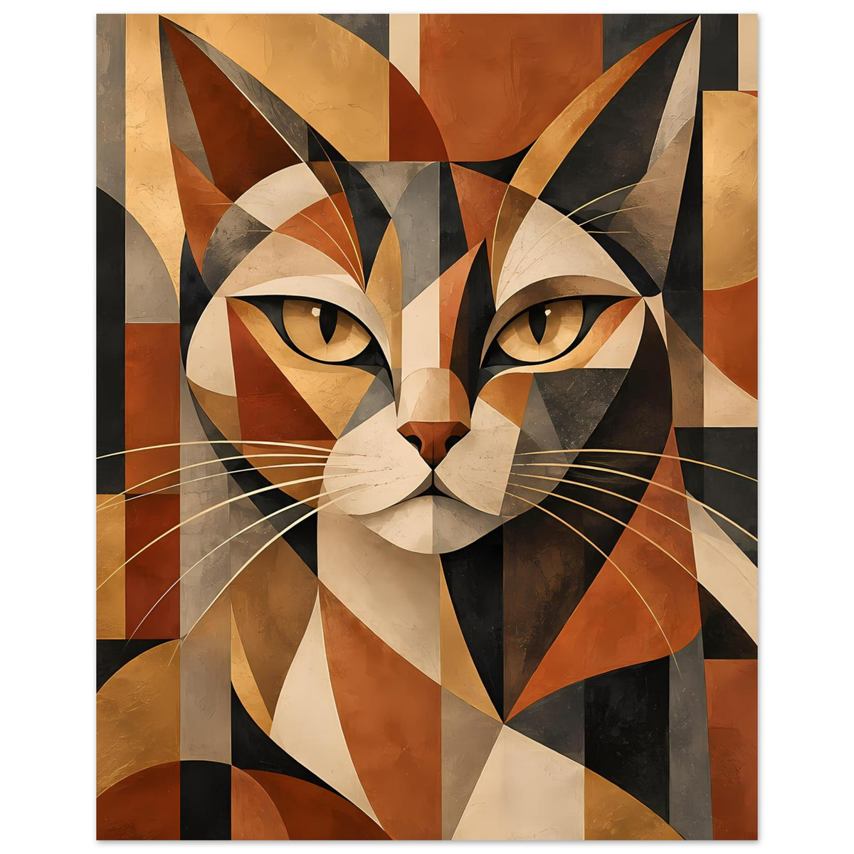 Gerahmtes Poster mit geometrischer Katze, zentraler Blick, warmes Braun- und Ockerschema