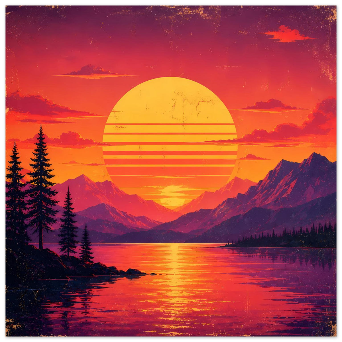 Poster mit Sonnenuntergang über Bergsee: gelbe Sonne, violette Berge und Tannenwald