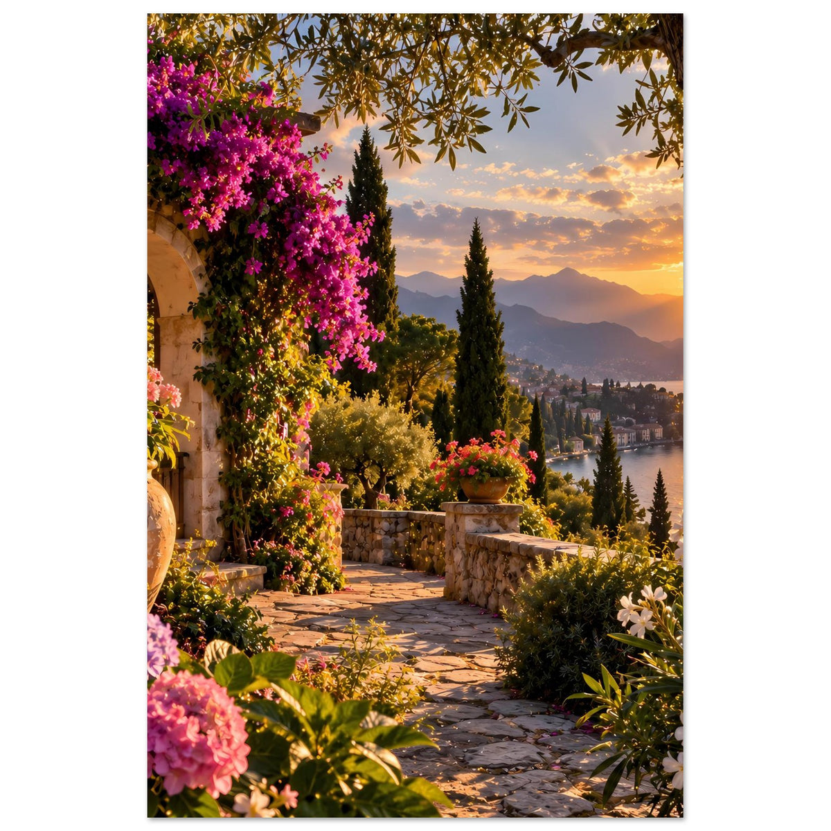 Sonnenuntergang-Poster im Hochformat: mediterraner Garten, Zypressen und Sonnenlicht über dem See
