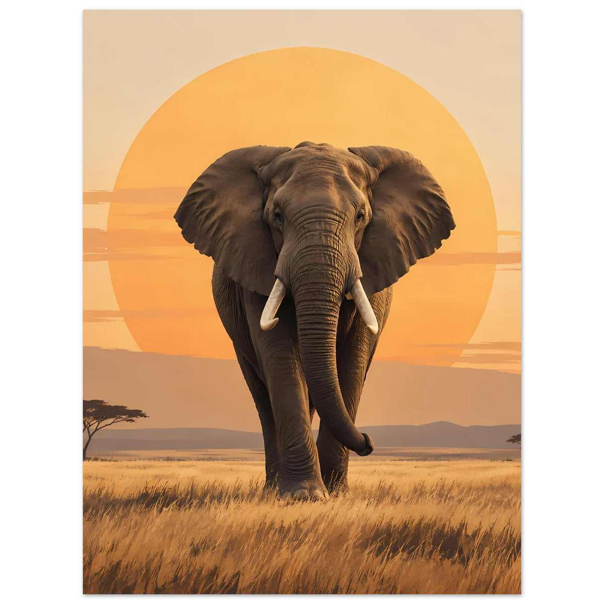 Elefantenposter: Elefant im Vordergrund, orangefarbene Kreisfläche und sanfte Sonnenuntergangsfarben
