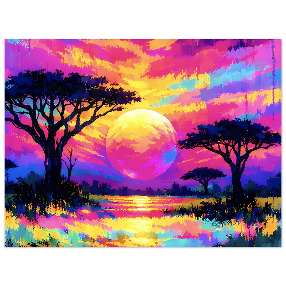 Neon-Sunset-Landschaftsposter mit großem Sonnenball, Bäumen und Spiegelung am Wasser