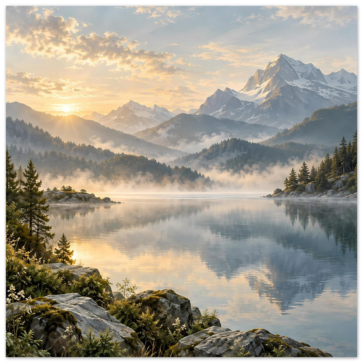 Quadratisches Landschaftsposter: Berge und Nebel über dem Bergsee, goldene Morgenstimmung