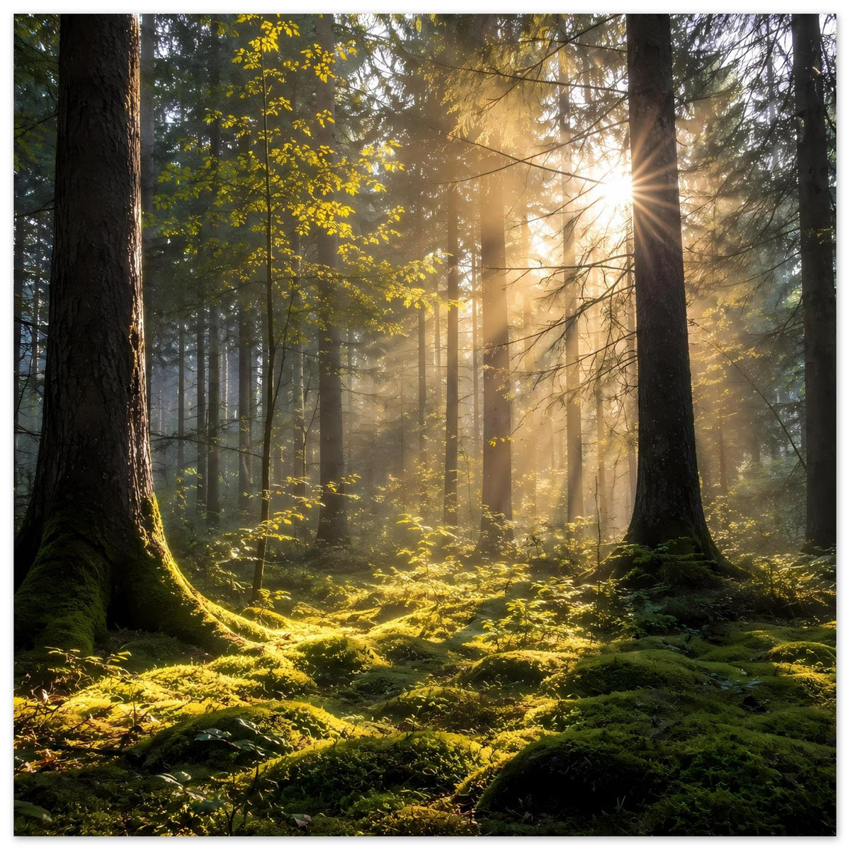 Waldlandschafts-Poster: goldene Sonnenstrahlen, hohe Baumstämme und Moosflächen