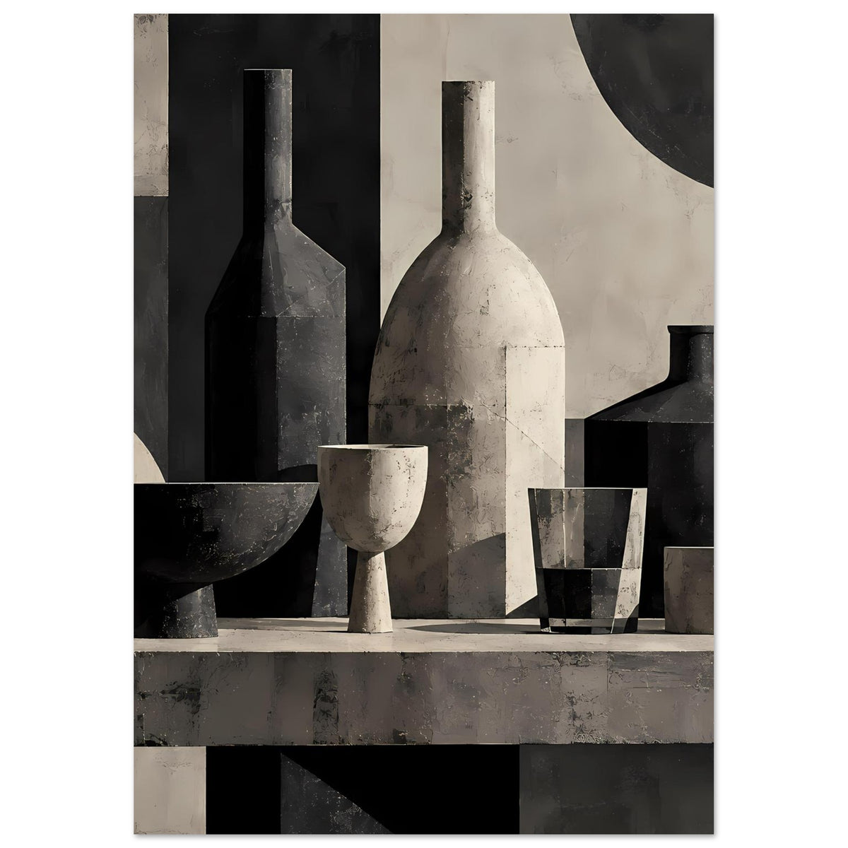 Geometrisches Stillleben-Poster: große weiße Flasche, schwarze Vase und Glasbecher