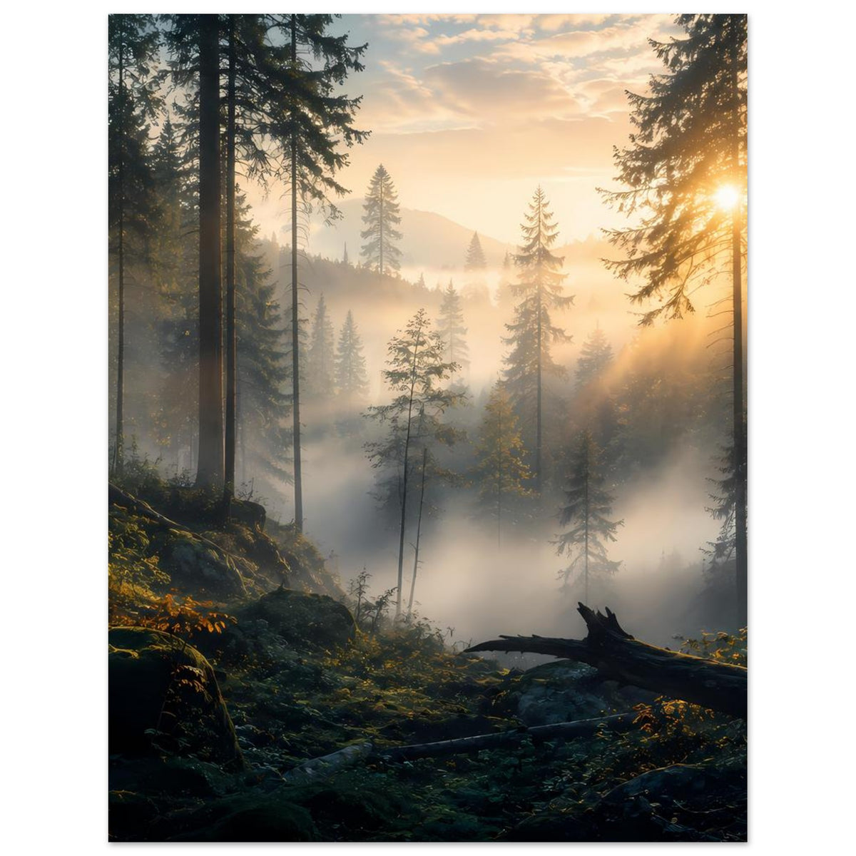 Waldposter im Hochformat mit goldenem Licht rechts, nebligem Nadelwald und moosigem Boden