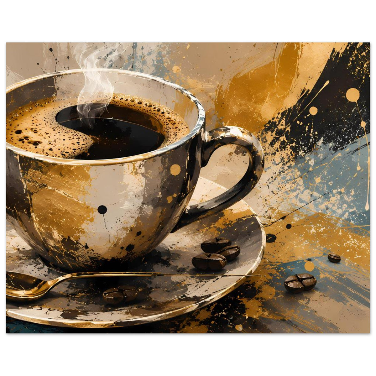 Kunstposter mit goldener Kaffeetasse, Dampf und Untertasse, umgeben von Kaffeebohnen und Spritzern