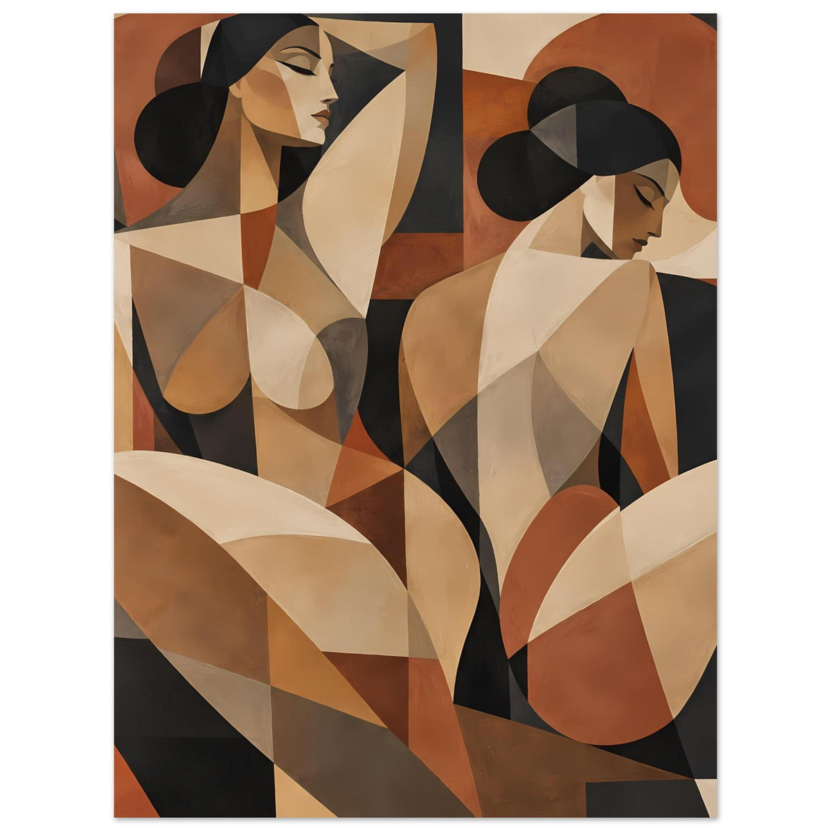 Abstraktes Poster mit zwei Frauenfiguren im Profil, geometrische Flächen, erdige Töne, Hochformat