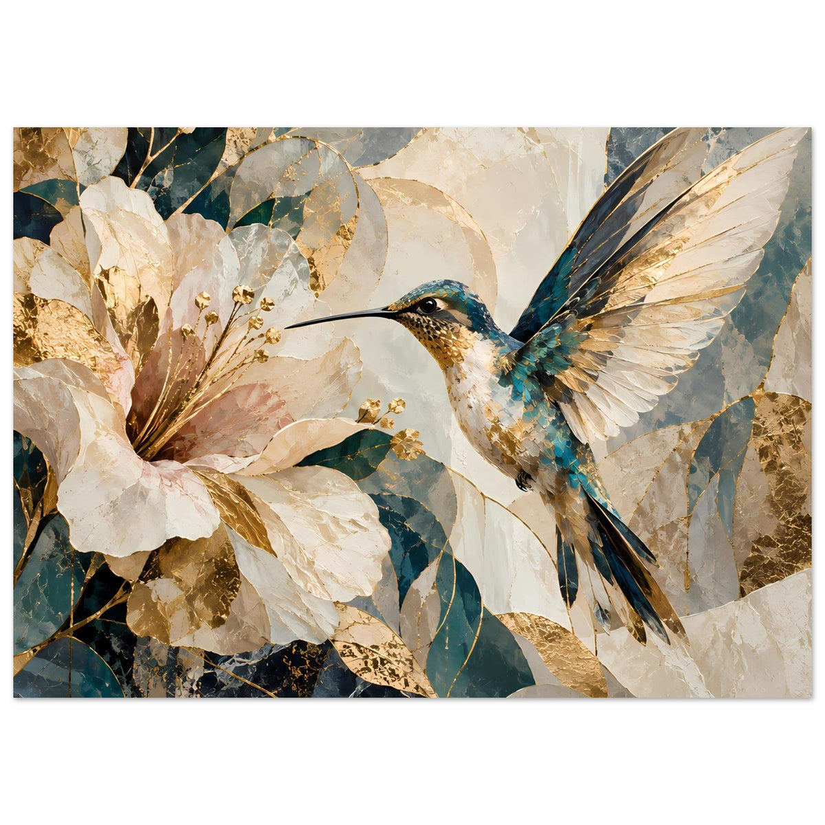 Wandposter mit Kolibri über weißen Blumen, goldene Akzente und blau-beige Marmorstruktur, horizontal