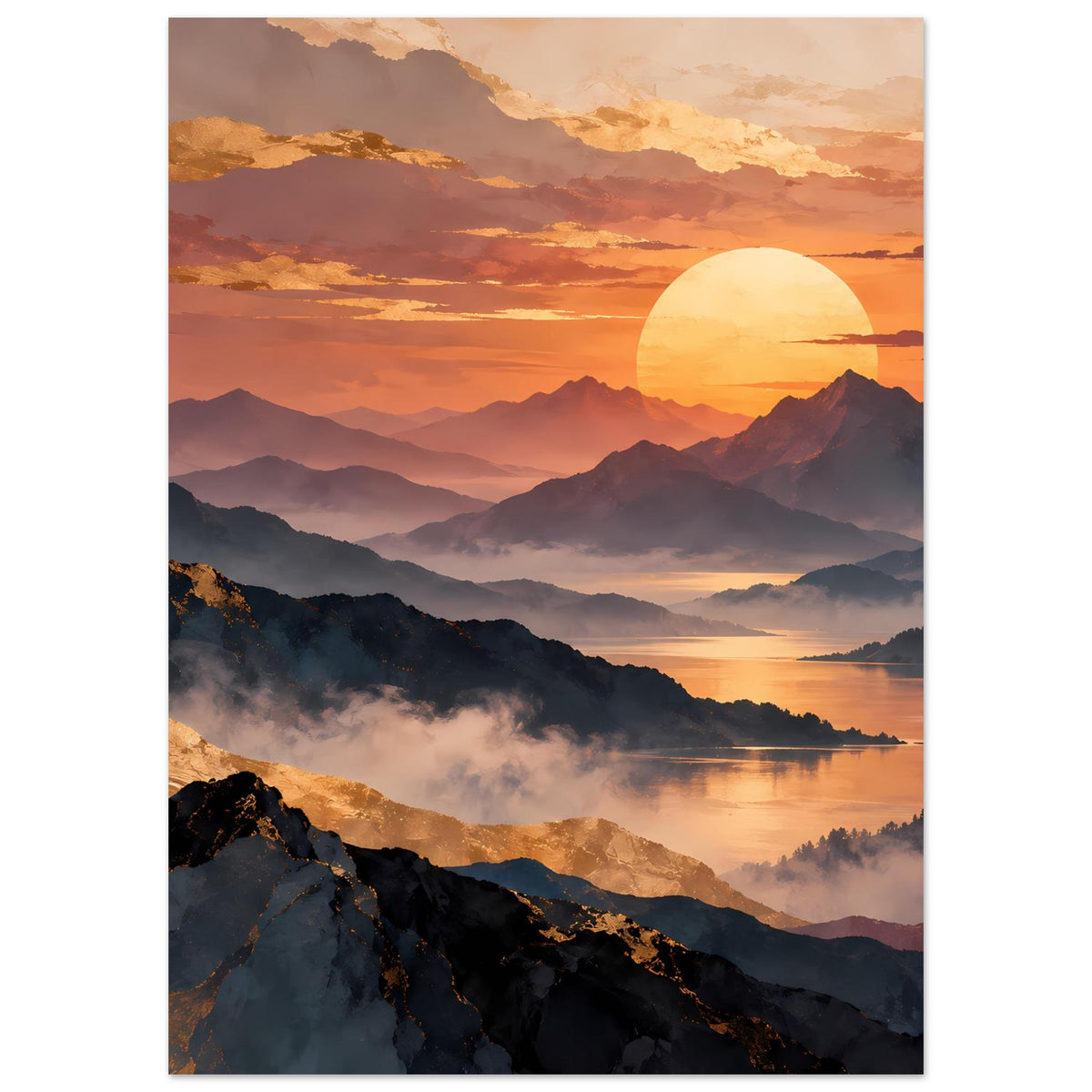 Hochformatiges Poster mit Sonne am Horizont, Berglandschaft, Nebelschleiern und See