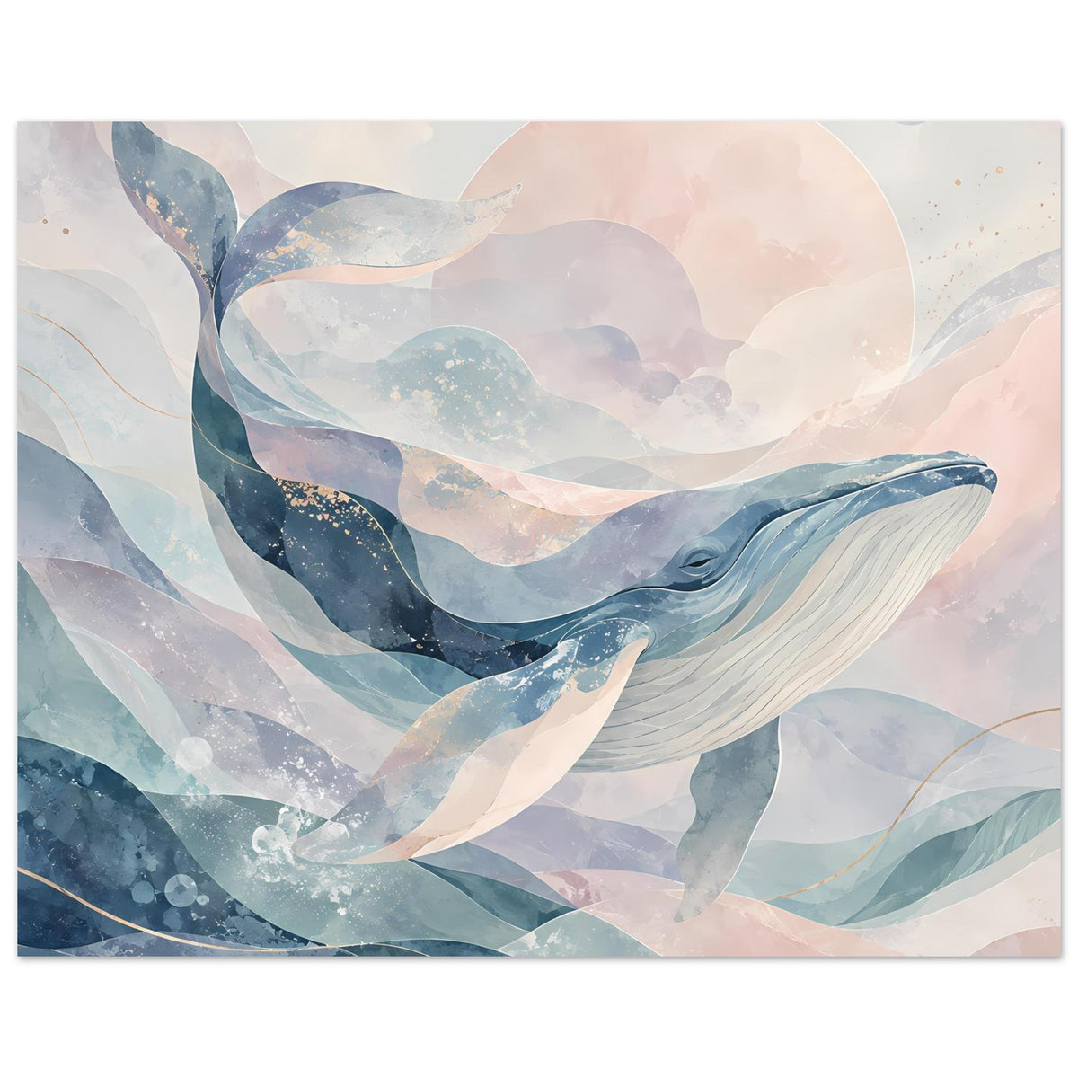 Horizontales Poster mit Wal-Motiv in Pastellblau, rosafarbenen Wolken und Sprenkeln