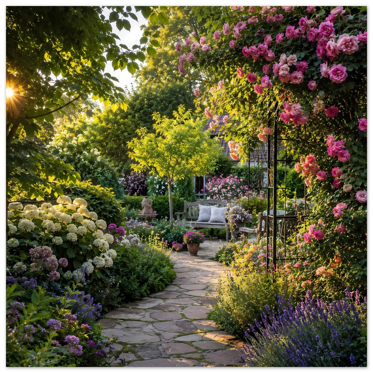 Gartenposter mit blühenden Bäumen, Steinweg und Pergola mit Sitzbank