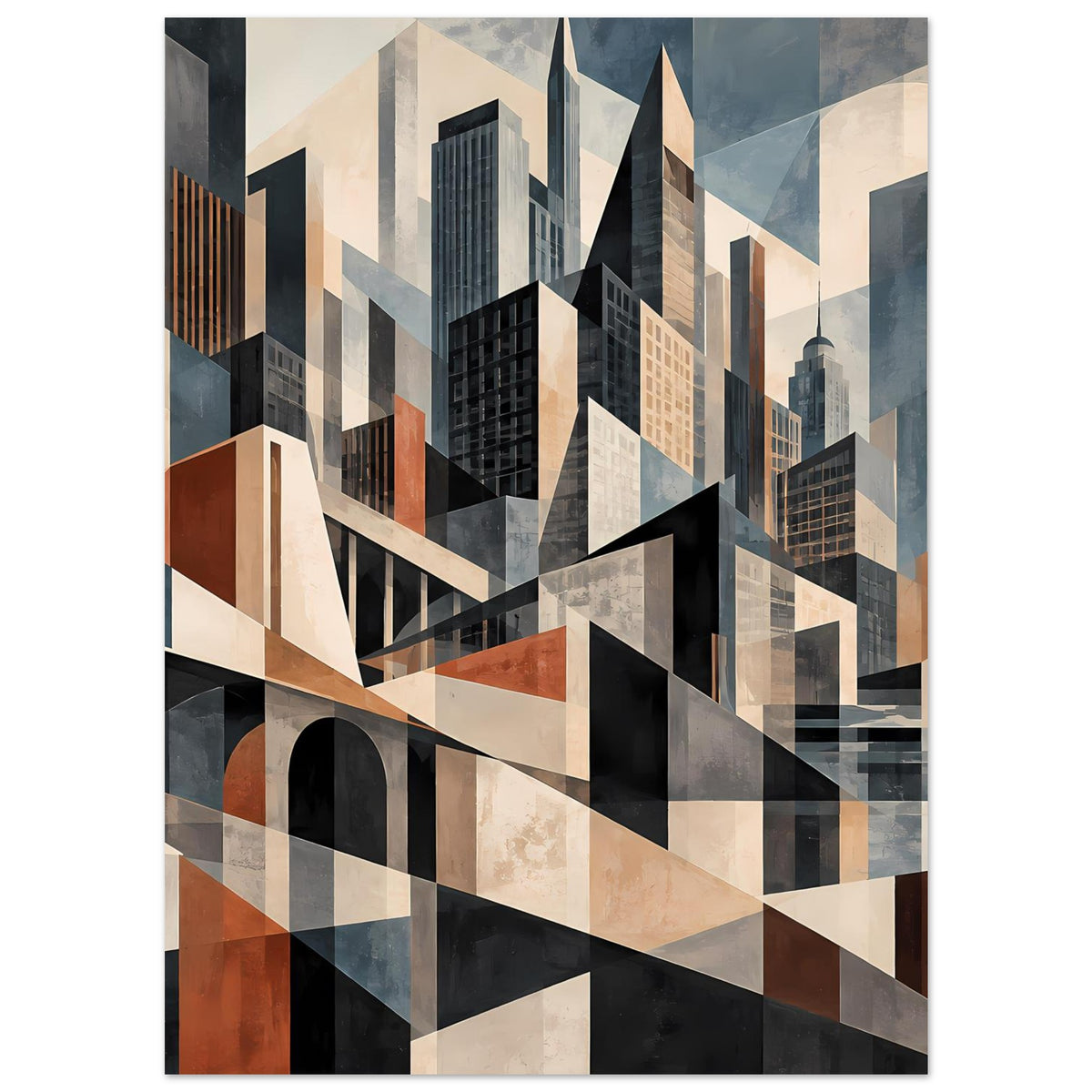 Architekturposter mit Stadtsilhouette und Häusern in Schwarz, Beige, Blau und Rost, diagonal verlaufende Brücke