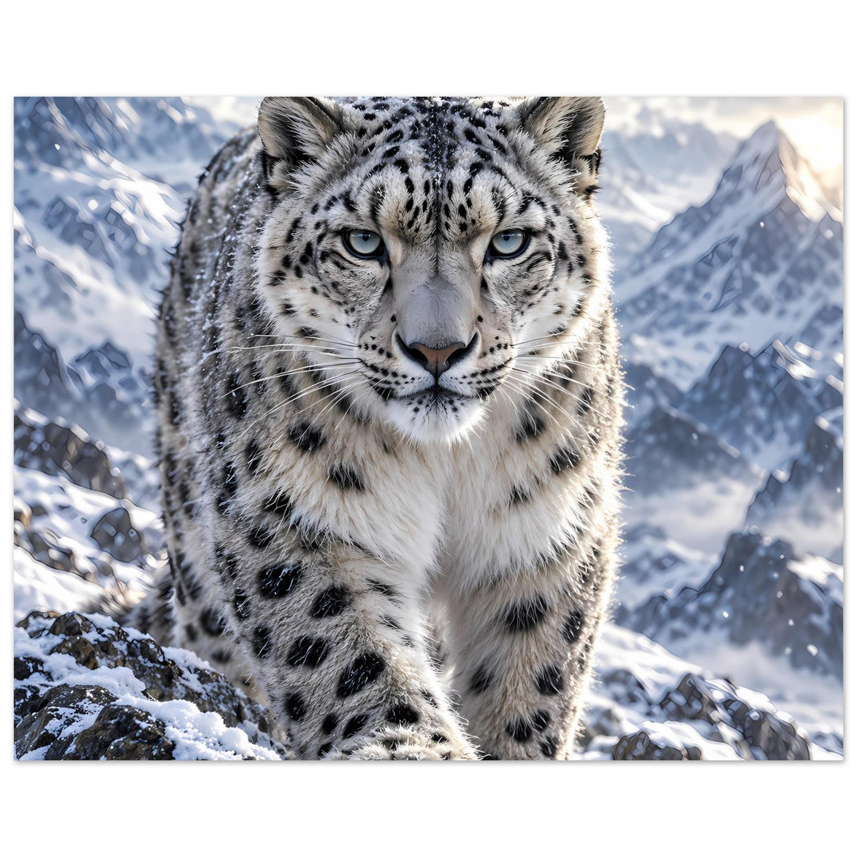 Schneeleoparden-Poster: Kopfansicht des Leoparden, detaillierte Fellmuster im Schnee