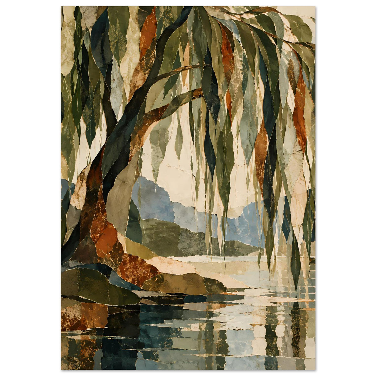 Herbstliches Poster mit Baumstamm links, weichem Seehorizont und hängenden Blättern in gedeckten Farben