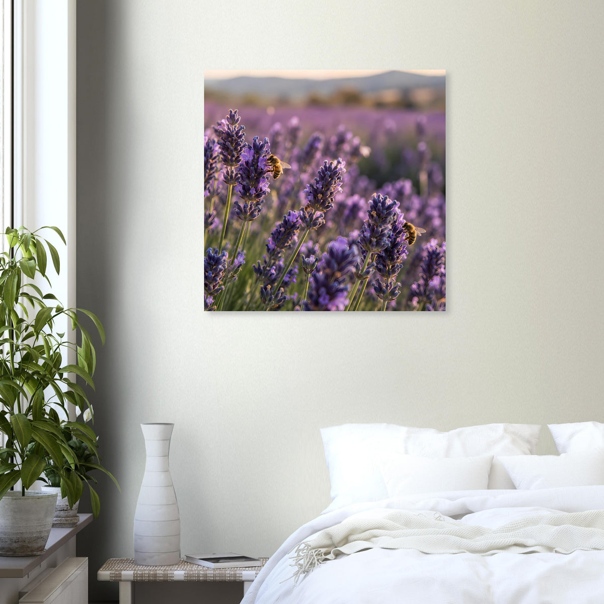 Poster mit violetten Lavendelblüten vor heller Wand, quadratisch gerahmt