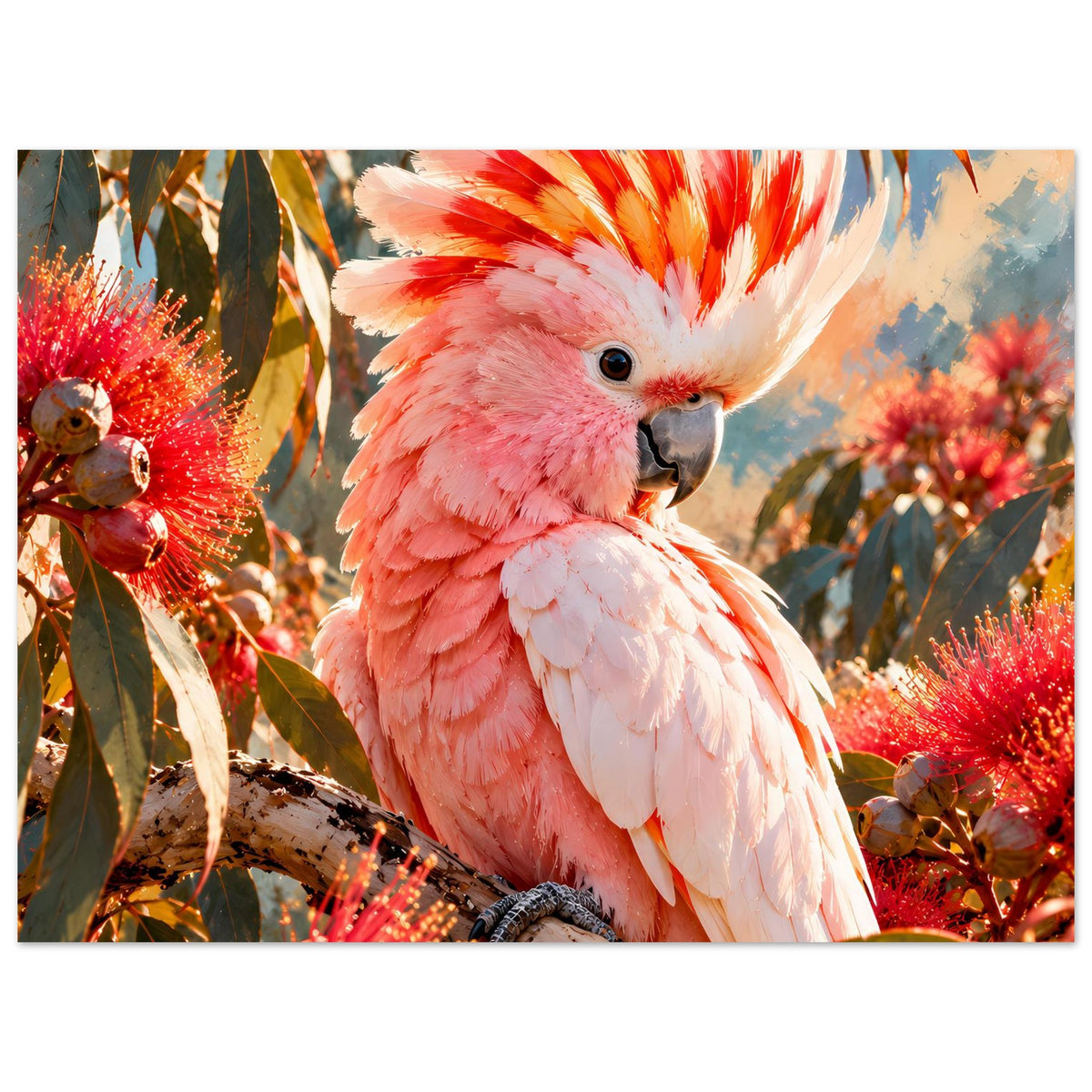 Poster mit rosa Kakadu auf Ast, Federkrone ragt nach oben, rote Blüten und Blätter ringsum