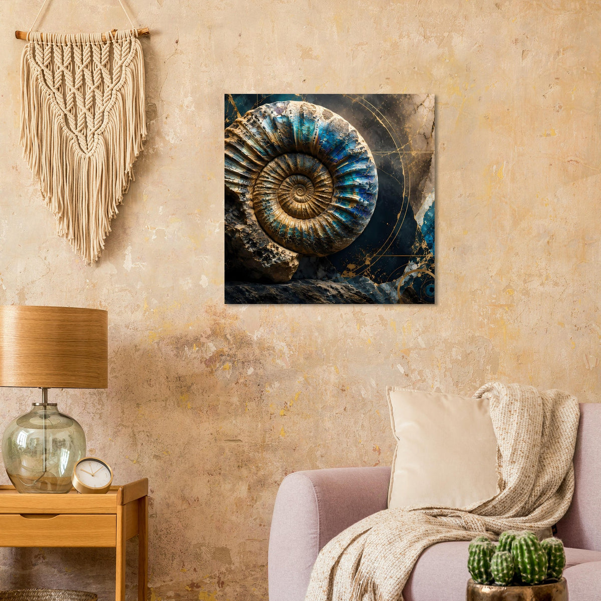 Quadratisches Kunstposter mit Ammonit-Fossil in Petrolblau und warmem Gold, spiralförmig