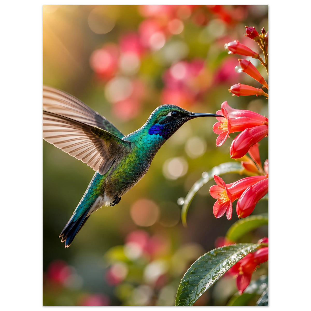 Poster mit Kolibri im Flug und roten Blüten, gefärbtes Gefieder und Flügel im Detail