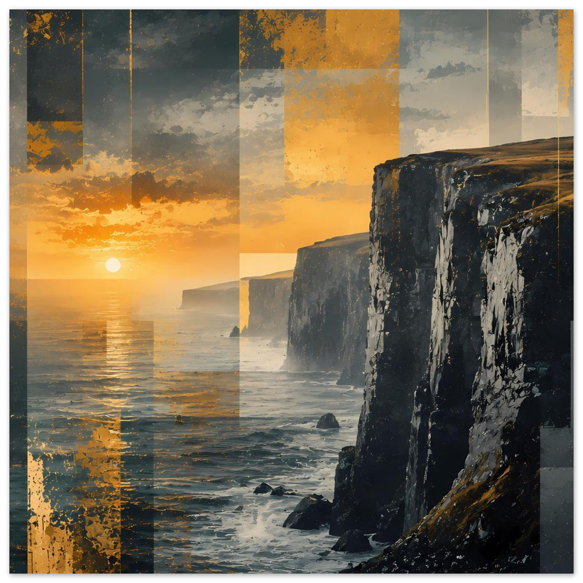 Hochformatiges Poster mit Sonnenuntergang über Wasser und Klippen, mehrfarbige Flächen