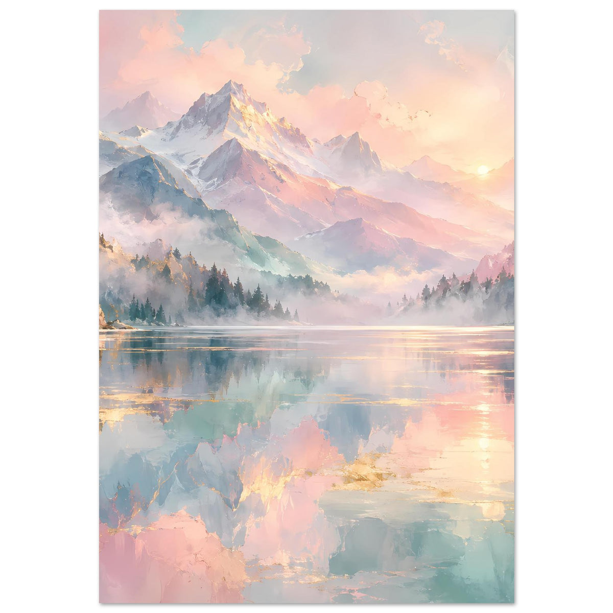 Poster im Hochformat: pastellige Berge, Dunst und spiegelnde Seeoberfläche