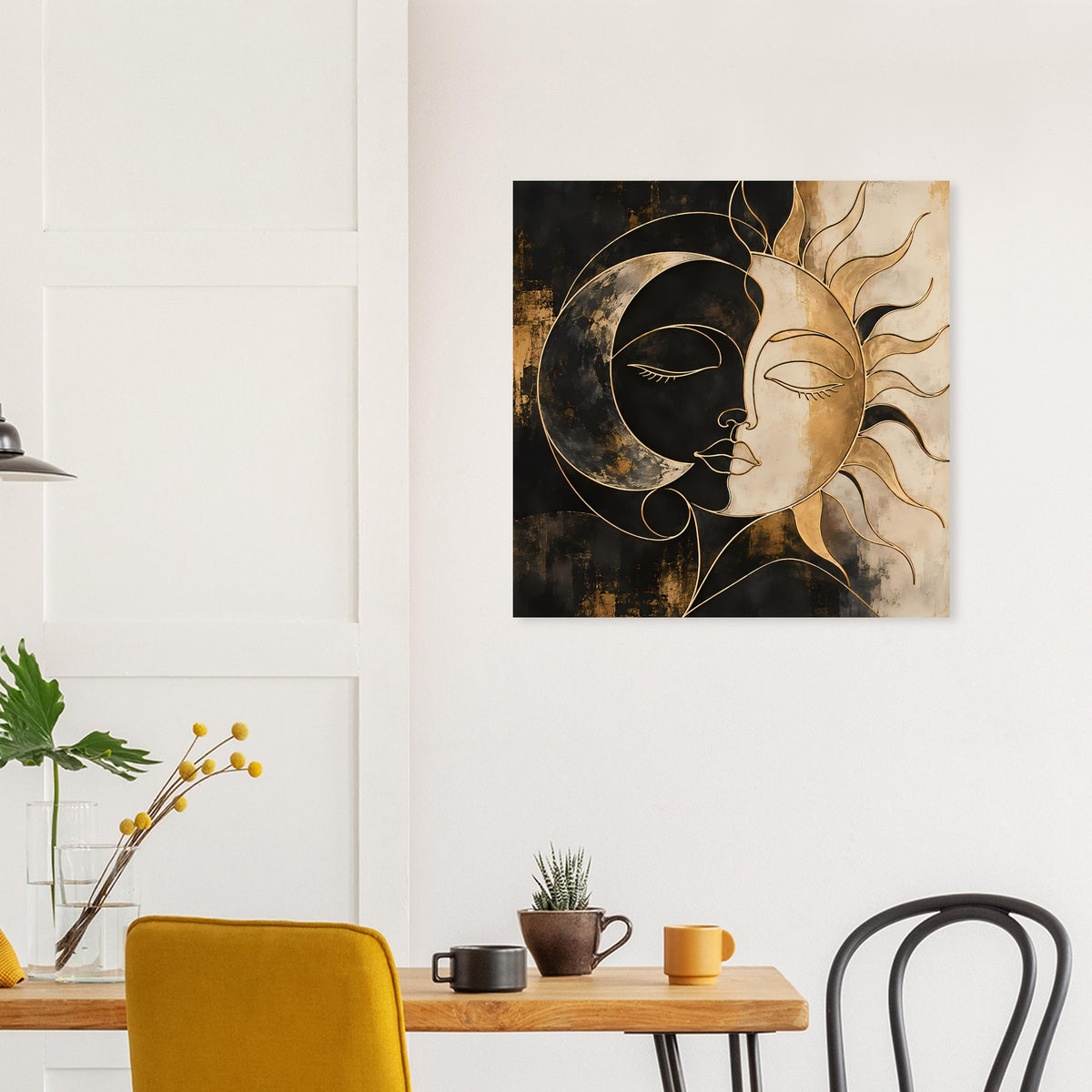 Quadratisches Kunstposter mit Sonne-und-Mond-Gesichtern, Goldlinien auf dunklem Grund