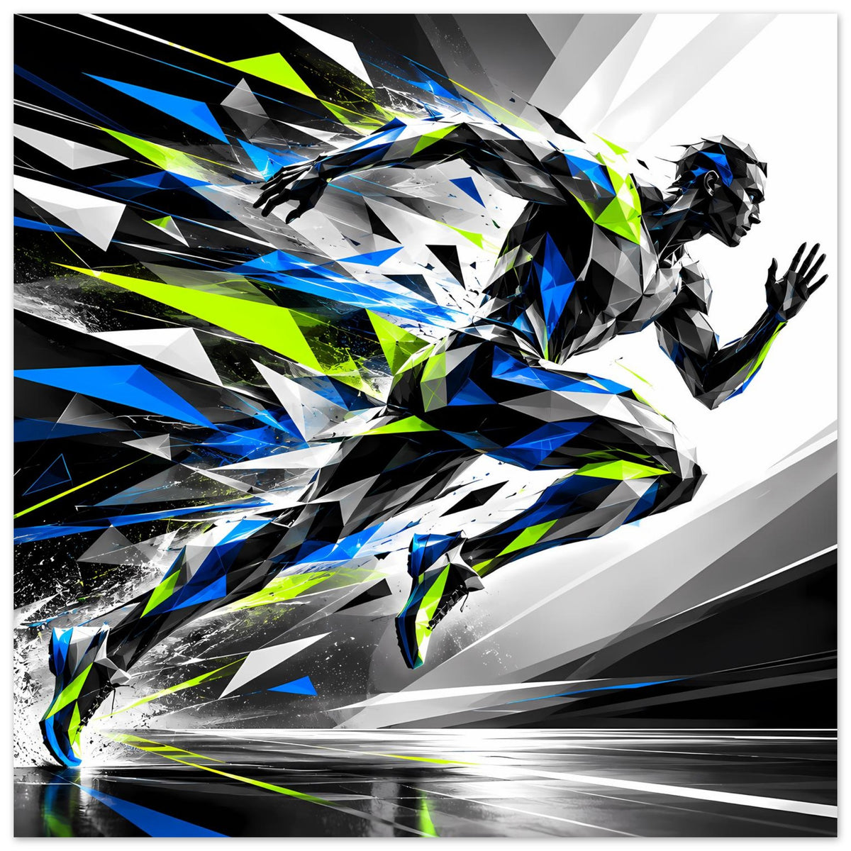 Laufkunst-Poster mit geometrischer Läufer-Silhouette in Blau, Schwarz und Neon-Grün, dynamisch.