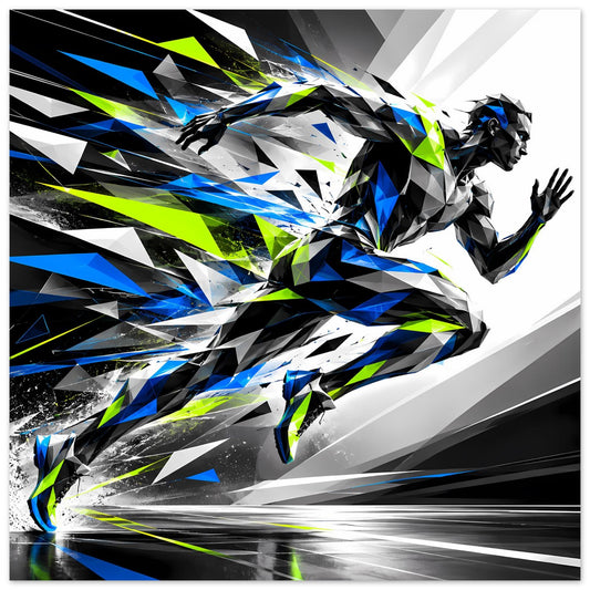 Laufkunst-Poster mit geometrischer Läufer-Silhouette in Blau, Schwarz und Neon-Grün, dynamisch.