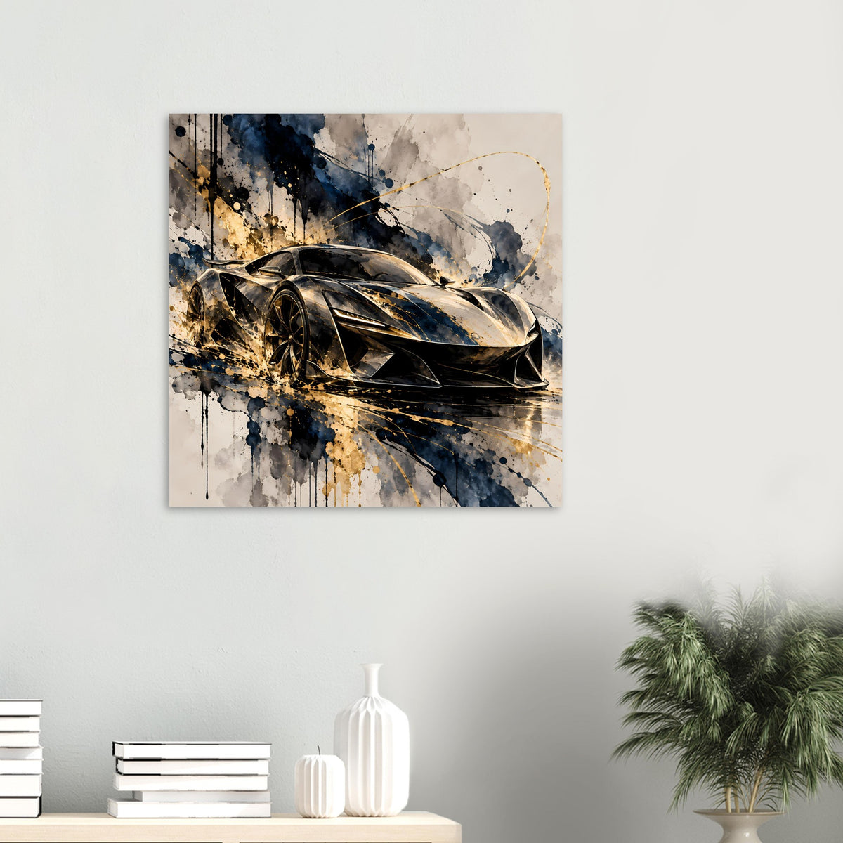 Kleines Wandposter im Querformat: schwarzer Sportwagen mit goldenen Akzenten, abstrakter Spritzstil