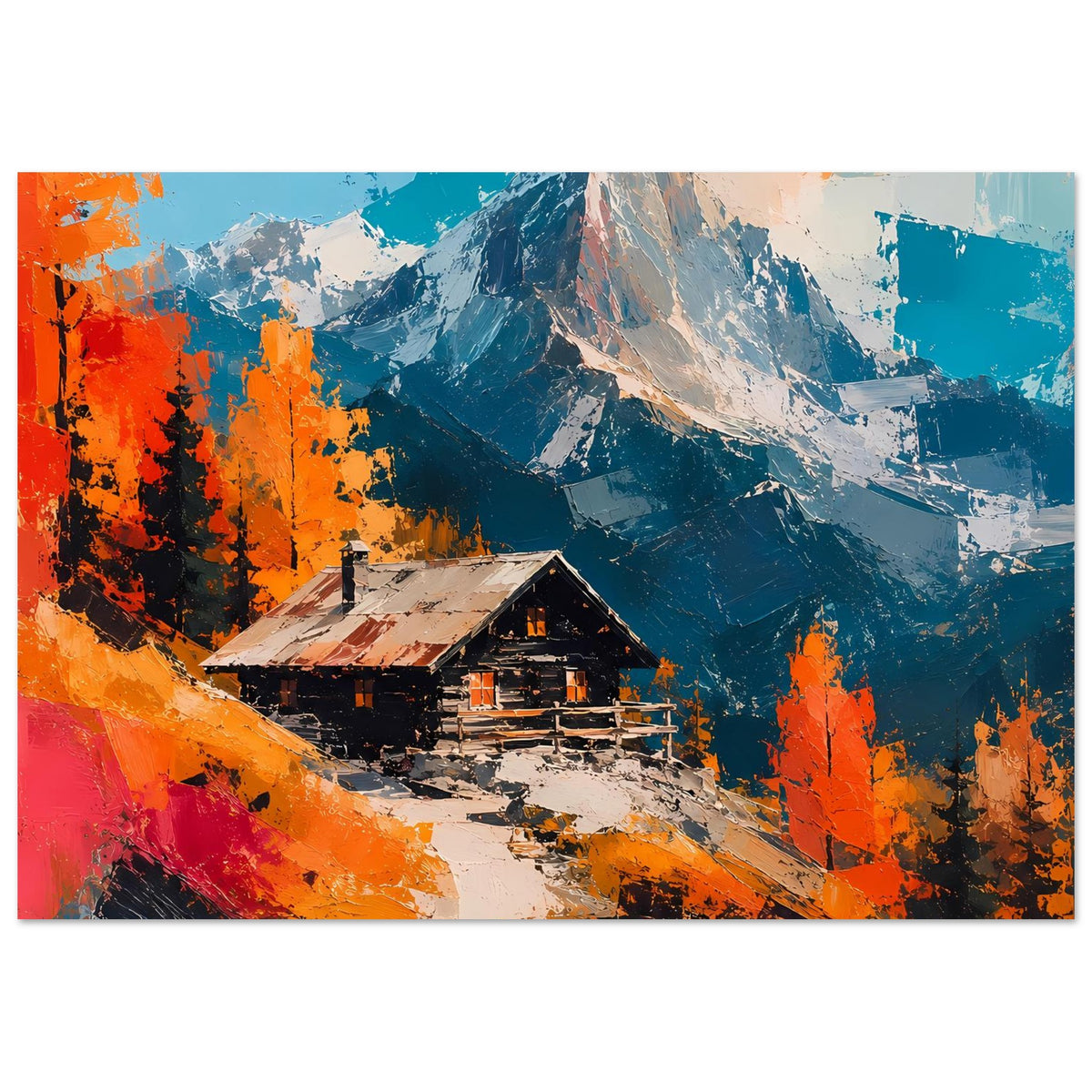 Wandposter im Querformat mit Alpenhütte, dramatische Berge, orangefarbene Bäume links