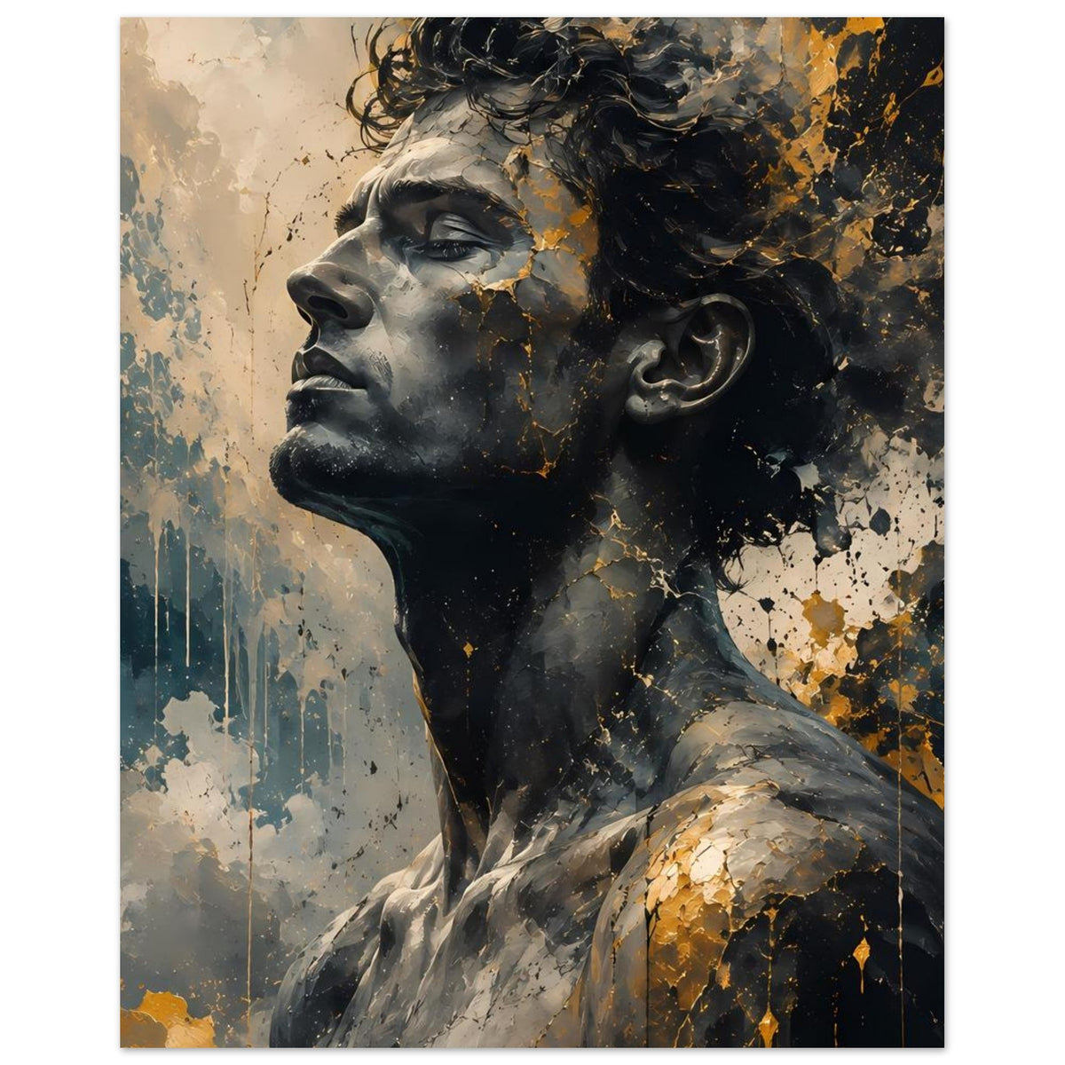 Poster mit Männerporträt im Seitenprofil, goldene Risse und goldene Akzente, vertikal
