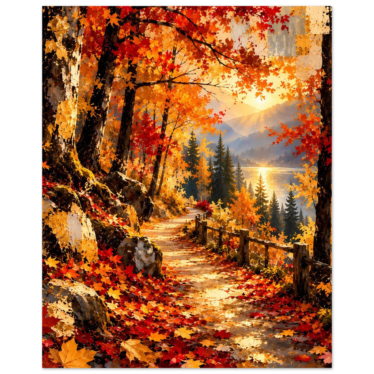 Hochformat-Poster: Herbstlicher Waldweg mit bunten Blättern, Steinen links und Holzzaun rechts