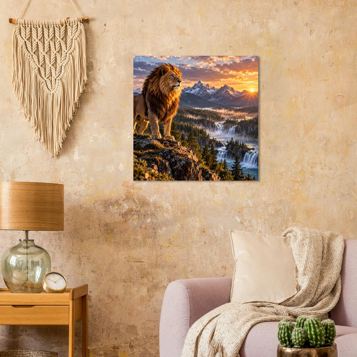 Poster mit Löwe am Berghang, Waldtal, Fluss und tiefem Sonnenaufgang