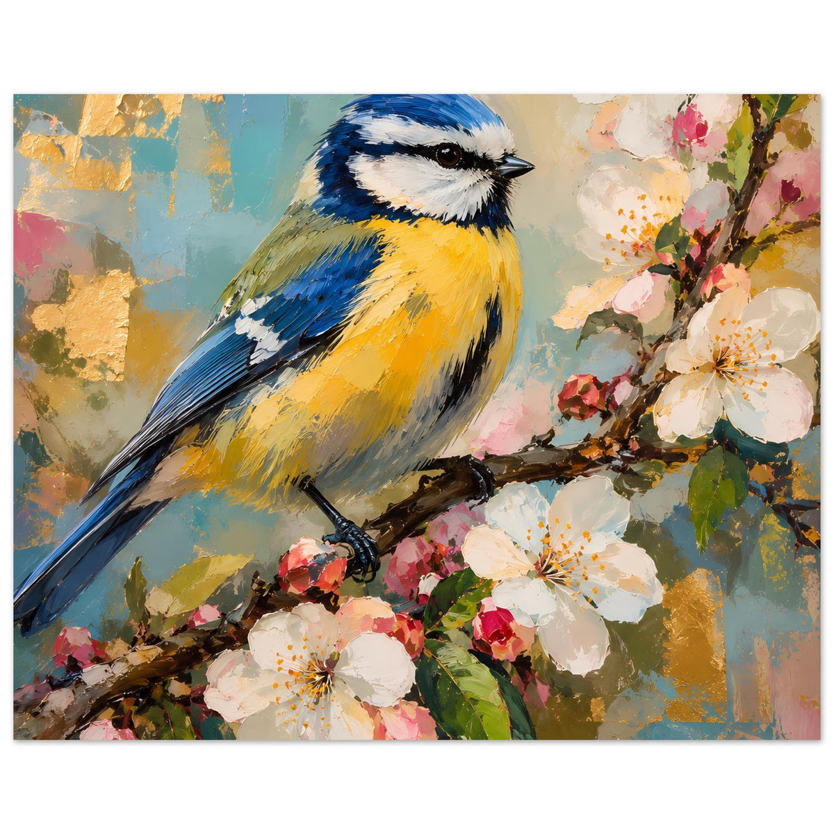 Vogelkunst-Poster mit blauer Kohlmeise auf Ast und üppigen Frühlingsblüten im Vordergrund