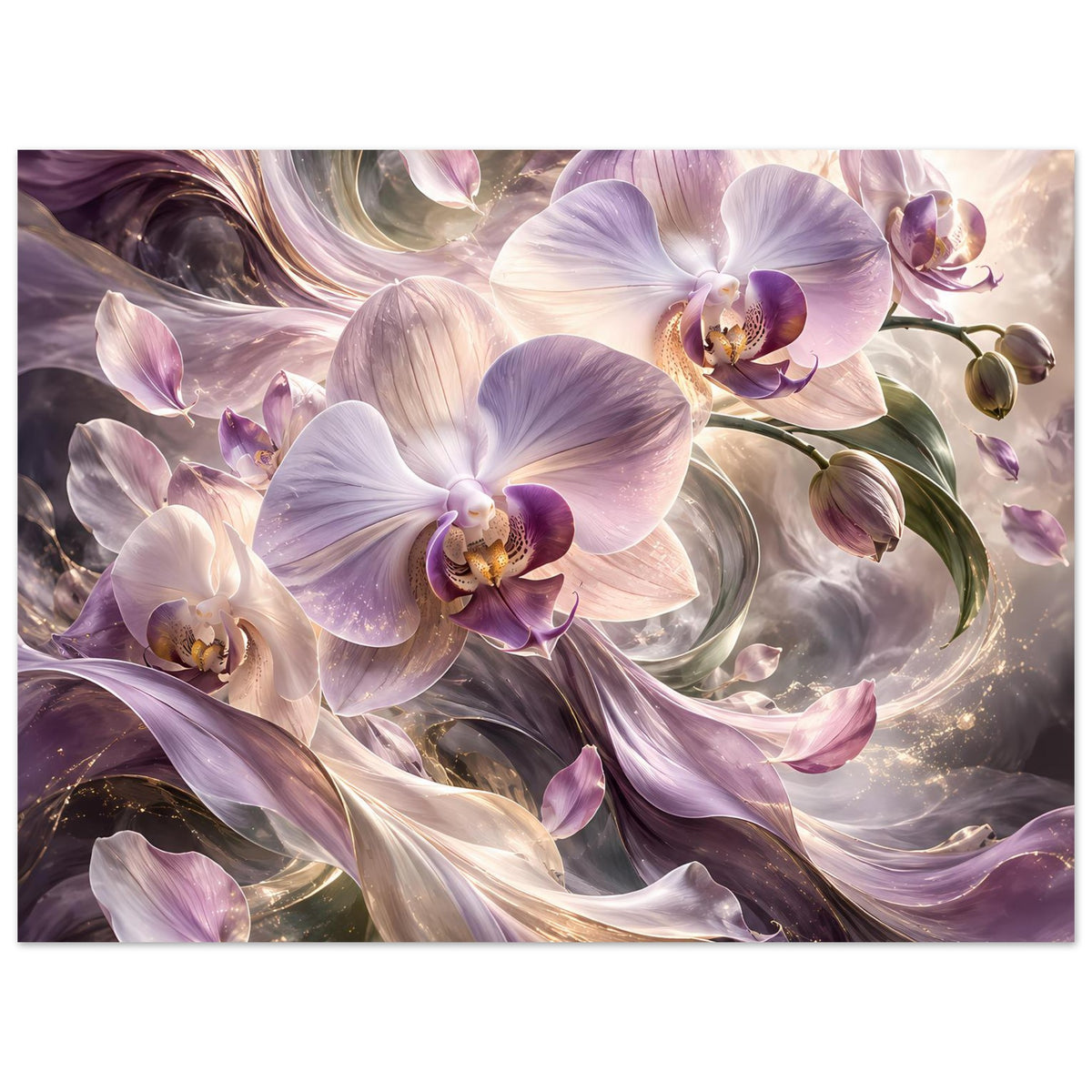 Horizontales Blumenposter mit violetten Orchideenblüten und goldenen Details im Motiv