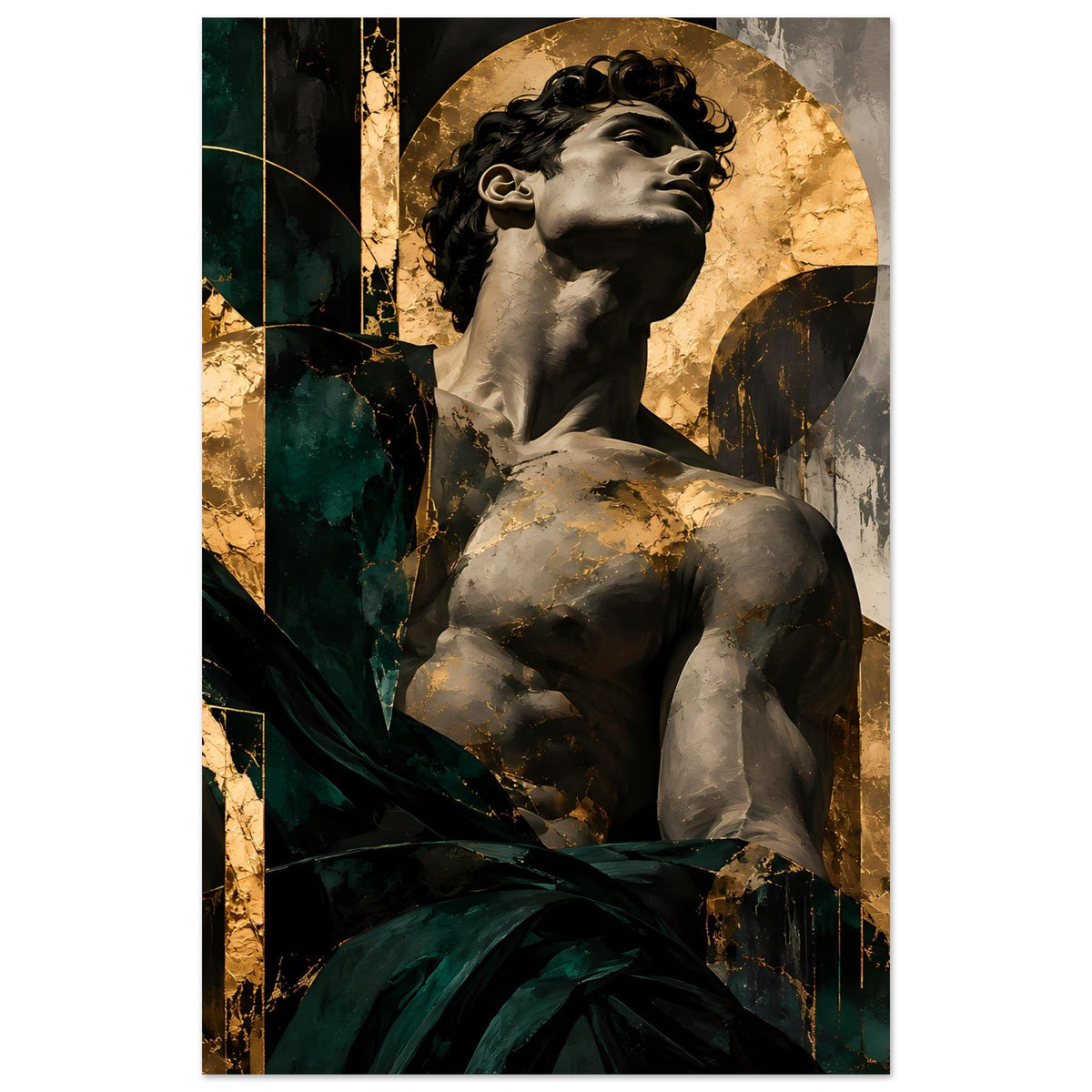 Kunstposter, Brustbild einer klassischen Statue, dunkle Grün- und Goldtöne, goldener Kreis