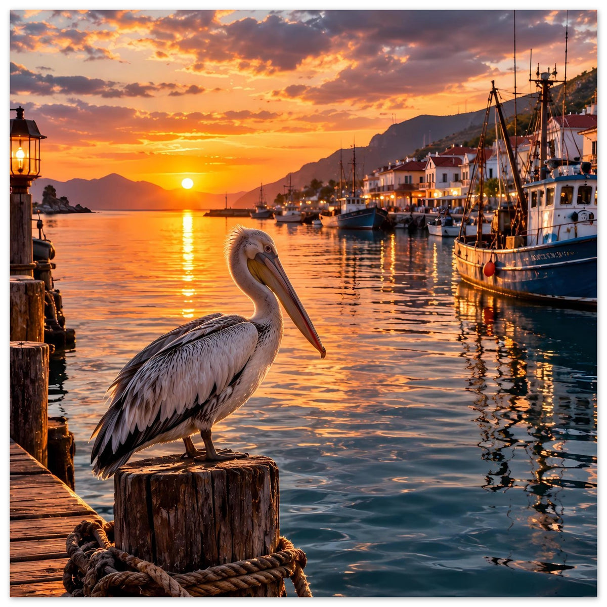 Premium-Poster: Pelikan auf Holzpfahl am Hafen bei Sonnenuntergang, mit Laterne links