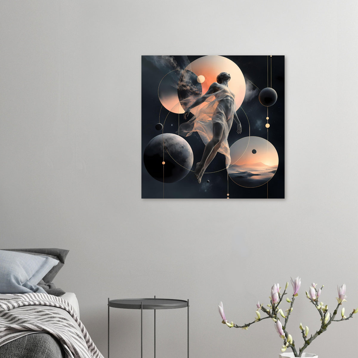 Abstraktes Poster, klein: schwebende Figur mit Planeten und orangefarbenem Mond im Bild