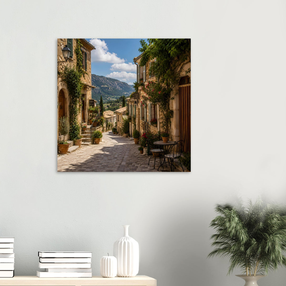 Wandposter mit Steingasse, grünen Pflanzen und Blick auf die umliegenden Berge