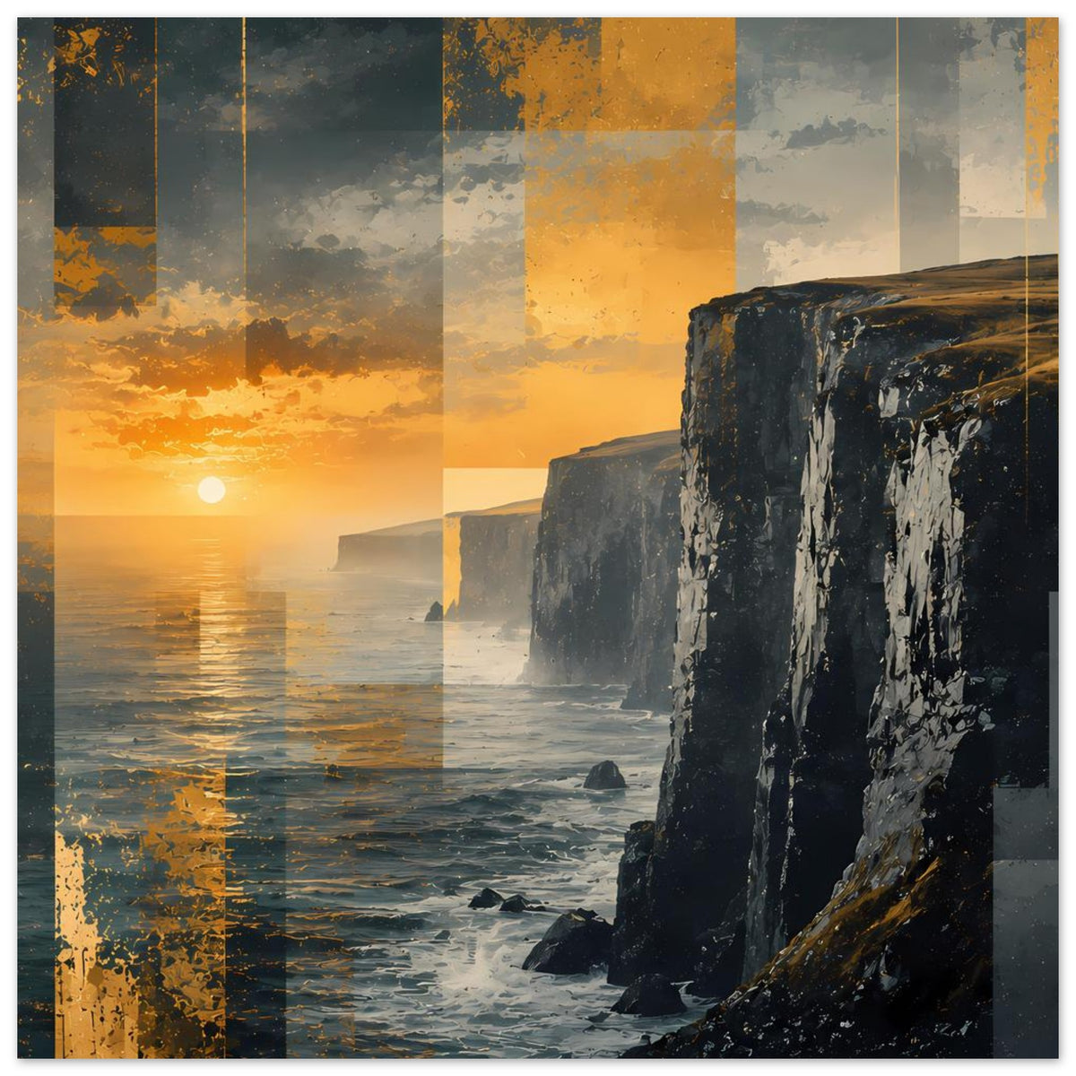 Querformat-Poster mit Sonnenuntergang über dem Meer und hohen Küstenklippen