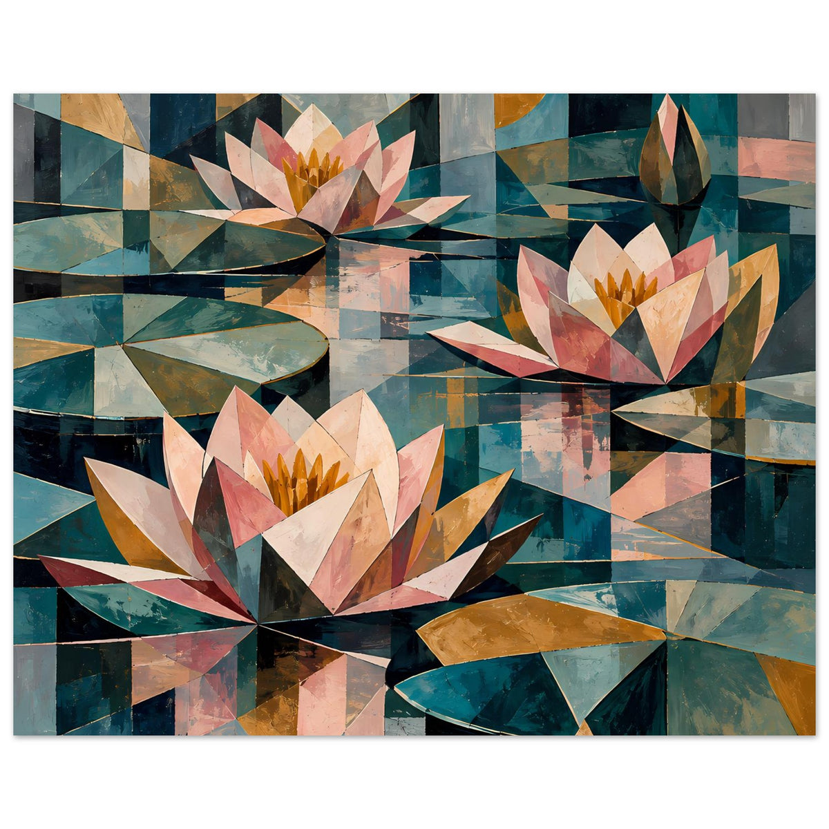 Geometrisches Blumenposter mit Seerosen, gebrochenen Linien und Flächen in Pastell-Petrol