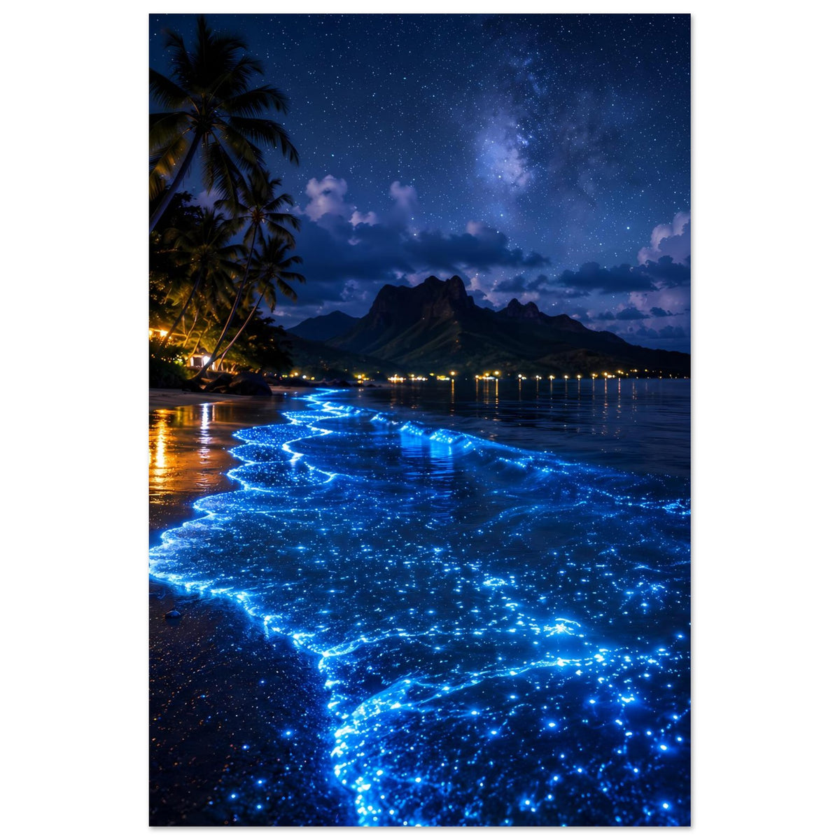 Poster mit blau leuchtendem Meer, Küstenlichtern und Wasserglanz am Ufer
