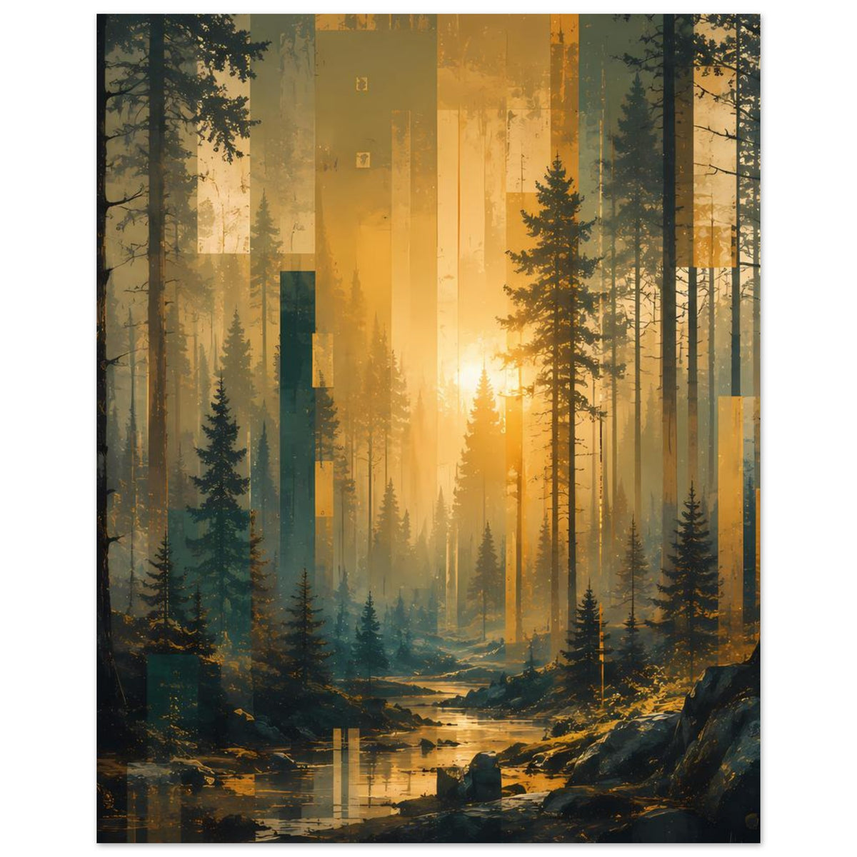Wandposter Waldszene mit Sonnenaufgang, dichten Tannen, ruhigem Wasser und Fels am Rand