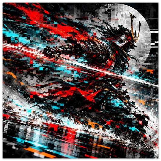 Actionposter mit Samurai-Motiv, rote und cyanfarbene Lichtstreifen, abstrakter Hintergrund