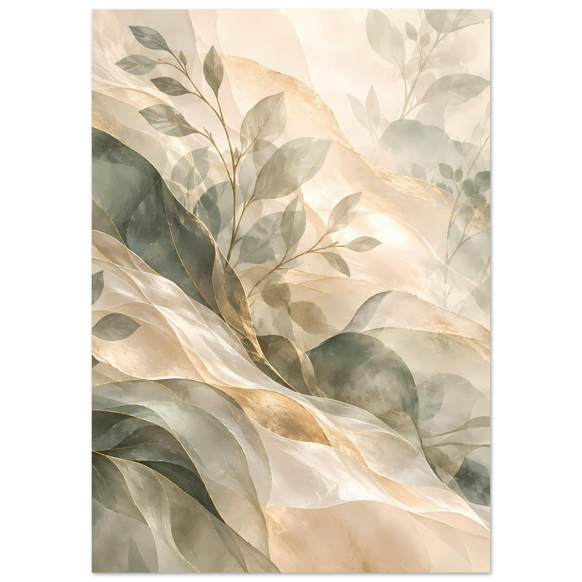 Botanisches Kunstposter mit Blattillustration in Salbeigrün, Creme und Gold, Hochformat-Ansicht